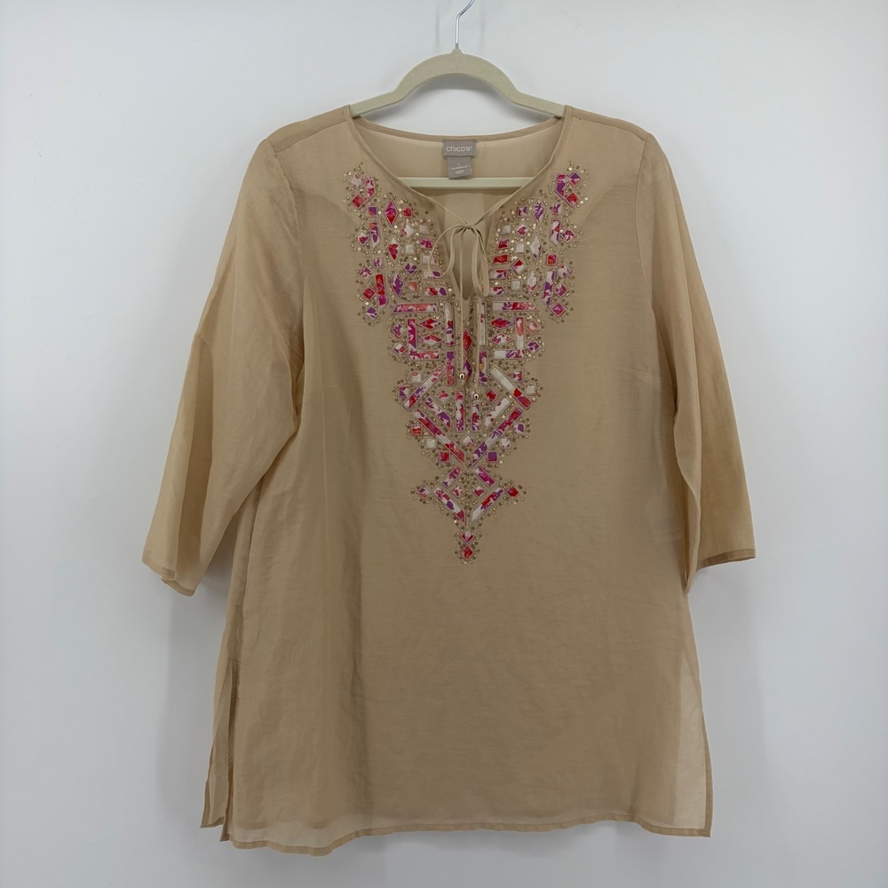 Chicos Tunic Tan Womens Size 8/10 Cotton Silk Beaded Split Neck‎ 3/4 Sleeve Top